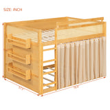 Full Wooden Bunk Bed Frame with 3-Tier Storage Shelf, Rattan Detailing, Lower Bunk Privacy Curtains & Built-in Light Strip