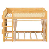 Full Wooden Bunk Bed Frame with 3-Tier Storage Shelf, Rattan Detailing, Lower Bunk Privacy Curtains & Built-in Light Strip