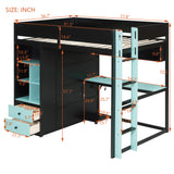 Wood Loft Bed Frame with Desk, Wardrobe, LED Light Strip & USB Charging Ports for Bedroom, Apartment