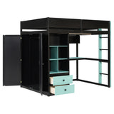 Wood Loft Bed Frame with Desk, Wardrobe, LED Light Strip & USB Charging Ports for Bedroom, Apartment