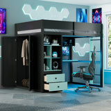 Wood Loft Bed Frame with Desk, Wardrobe, LED Light Strip & USB Charging Ports for Bedroom, Apartment