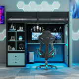 Wood Loft Bed Frame with Desk, Wardrobe, LED Light Strip & USB Charging Ports for Bedroom, Apartment