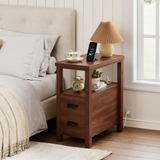 Wood End Table Nightstand, Side Table with 2 Drawers, USB Ports & Outlets for Living Room, Bedroom