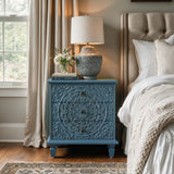 Carved Wood Nightstand with 3 Drawers, Vintage Side End Table for Bedroom, Living Room