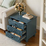 Carved Wood Nightstand with 3 Drawers, Vintage Side End Table for Bedroom, Living Room