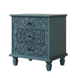 Carved Wood Nightstand with 3 Drawers, Vintage Side End Table for Bedroom, Living Room