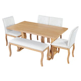 6-Piece Dining Table Set for 6, Large Family Kitchen Table with 4 Padded Dining Chairs & Bench, Button Tufted&Nailhead Trim, Natural