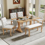6-Piece Dining Table Set for 6, Large Family Kitchen Table with 4 Padded Dining Chairs & Bench, Button Tufted&Nailhead Trim, Natural
