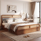 King Platform Bed Solid Wood Bed Frame Vintage Boho Bed with Rattan & Upholstered Headboard