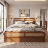 King Platform Bed Solid Wood Bed Frame Vintage Boho Bed with Rattan & Upholstered Headboard