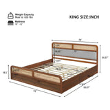 King Platform Bed Solid Wood Bed Frame Vintage Boho Bed with Rattan & Upholstered Headboard
