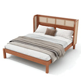 Queen Size Platform Bed Frame with Rattan Headboard & Smooth Round Edge, Boho Bamboo Bed, Brown