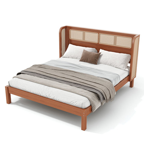 Queen Size Platform Bed Frame with Rattan Headboard & Smooth Round Edge, Boho Bamboo Bed, Brown