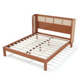 Queen Size Platform Bed Frame with Rattan Headboard & Smooth Round Edge, Boho Bamboo Bed, Brown