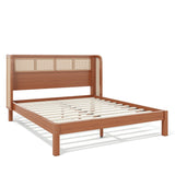 Queen Size Platform Bed Frame with Rattan Headboard & Smooth Round Edge, Boho Bamboo Bed, Brown