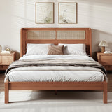 Queen Size Platform Bed Frame with Rattan Headboard & Smooth Round Edge, Boho Bamboo Bed, Brown