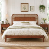 Queen Platform Bed Frame Solid Wood Boho Farmhouse Bed Frame with Woven Rattan Headboard & Support Legs