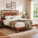 Queen Platform Bed Frame Solid Wood Boho Farmhouse Bed Frame with Woven Rattan Headboard & Support Legs
