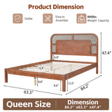 Queen Platform Bed Frame Solid Wood Boho Farmhouse Bed Frame with Woven Rattan Headboard & Support Legs