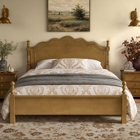 Vintage Wood Bed Frame with Curved Headboard, Platform Bed Frame with Wood Slats Support for Bedroom