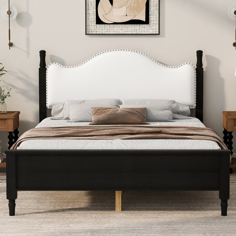 Queen Solid Wood Platform Bed Mid-Century Modern Bed with Curved Upholstered Headboard