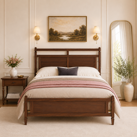 Queen Size Platform Bed Frame Mid-Century Modern Wood Bed with Open-Frame Panel Headboard & Footboard