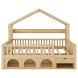 Twin Kids House Bed Platform Bed Frame with Light, Safety Guardrails, Drawer&Under Bed Storage, Natural