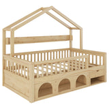 Twin Kids House Bed Platform Bed Frame with Light, Safety Guardrails, Drawer&Under Bed Storage, Natural