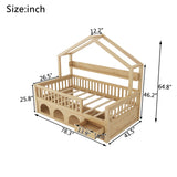 Twin Kids House Bed Platform Bed Frame with Light, Safety Guardrails, Drawer&Under Bed Storage, Natural