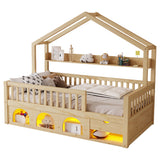 Twin Kids House Bed Platform Bed Frame with Light, Safety Guardrails, Drawer&Under Bed Storage, Natural
