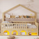 Twin Kids House Bed Platform Bed Frame with Light, Safety Guardrails, Drawer&Under Bed Storage, Natural