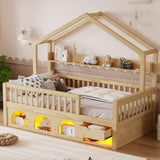 Twin Kids House Bed Platform Bed Frame with Light, Safety Guardrails, Drawer&Under Bed Storage, Natural