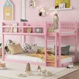 Low Twin Floor Bunk Bed, Wooden Loft Bed Frame with Ladder, Guardrails & Front Storage Shelf for Kids & Juniors