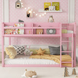 Low Twin Floor Bunk Bed, Wooden Loft Bed Frame with Ladder, Guardrails & Front Storage Shelf for Kids & Juniors