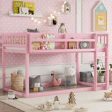 Low Twin Floor Bunk Bed, Wooden Loft Bed Frame with Ladder, Guardrails & Front Storage Shelf for Kids & Juniors