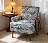 Floral Accent Chair with Solid Wood Legs&Nailhead Trim, Comfy Upholstered Reading Chair Farmhouse Vintage Armchair, Blue