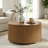 Round Fluted Drum Coffee Table Cocktail Table Mid-Century Modern Circular Center Table with 2 Drawers & Wheels
