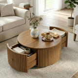 Round Fluted Drum Coffee Table Cocktail Table Mid-Century Modern Circular Center Table with 2 Drawers & Wheels