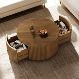 Round Fluted Drum Coffee Table Cocktail Table Mid-Century Modern Circular Center Table with 2 Drawers & Wheels