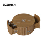 Round Fluted Drum Coffee Table Cocktail Table Mid-Century Modern Circular Center Table with 2 Drawers & Wheels