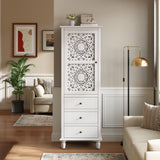 63" Tall Farmhouse Decorative Cabinet with Carved Door & 3 Drawers, Freestanding Storage Display Cabinet for Living Room, Entryway
