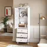 63" Tall Farmhouse Decorative Cabinet with Carved Door & 3 Drawers, Freestanding Storage Display Cabinet for Living Room, Entryway