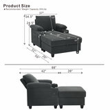 Reclining Back Chaise Lounge with Storage Ottoman, Cupholders & USB-C Ports, Accent Chair Recliner Sleeper Sofa Bed, Dark Gray