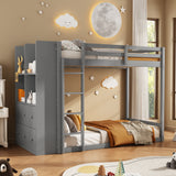 Wood Bunk Bed Frame with LED Light, Reversible Drawers & Open Shelves for Bedroom, Apartment
