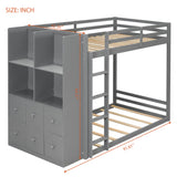 Wood Bunk Bed Frame with LED Light, Reversible Drawers & Open Shelves for Bedroom, Apartment