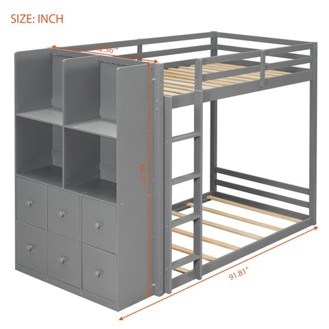 Wood Bunk Bed Frame with LED Light, Reversible Drawers & Open Shelves for Bedroom, Apartment