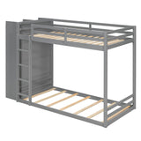 Wood Bunk Bed Frame with LED Light, Reversible Drawers & Open Shelves for Bedroom, Apartment