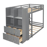 Wood Bunk Bed Frame with LED Light, Reversible Drawers & Open Shelves for Bedroom, Apartment