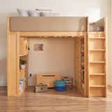 Full Solid Wood Loft Bed Frame with Built-in Wardrobe, PU Leather Guardrails, LED Lights & Storage Drawers