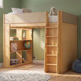 Full Solid Wood Loft Bed Frame with Built-in Wardrobe, PU Leather Guardrails, LED Lights & Storage Drawers